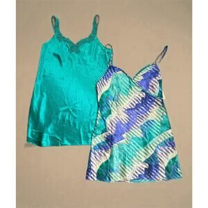 Lot It 2 California Dynasty Slip Nightgown Large Floral Blue Lace Chemise VTG0